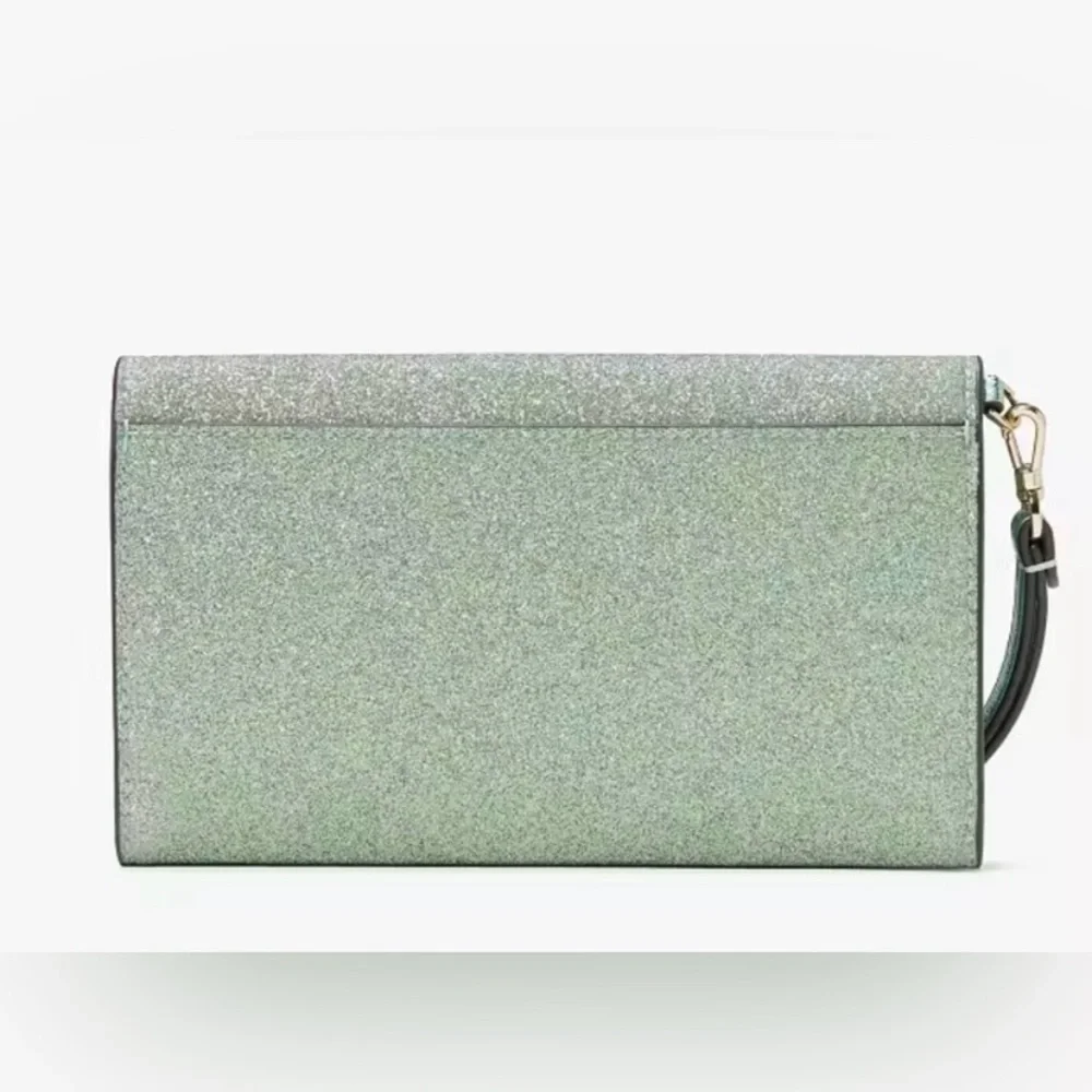 Kate Spade mint Glitter Kenzie medium flap Clutch with wristlet strap NEW IN BOX
